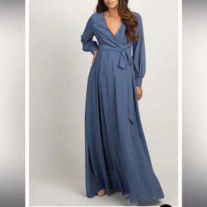 Blue Chiffon Long Sleeve Pleated Maternity Maxi Dress